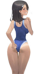 Rule 34 | 1girl, ass, back, bare shoulders, black hair, blue one-piece swimsuit, breasts, brown eyes, competition swimsuit, dark-skinned female, dark skin, earclip, hair ornament, hairclip, highres, hood (james x), ijiranaide nagatoro-san, long hair, looking at viewer, medium breasts, nagatoro hayase, one-piece swimsuit, smile, solo, swimsuit, tan, tanline, thighs