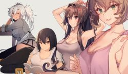 Rule 34 | 4girls, adjusting hair, alternate costume, armpits, arms up, ass, bare arms, black gloves, black hair, black legwear, black panties, black pants, book, breasts, brown eyes, brown hair, camisole, casual, cleavage, closed mouth, collarbone, cup, dark-skinned female, dark skin, female focus, fingernails, flower, glasses, gloves, green eyes, grey background, grey skirt, hair between eyes, hair flower, hair ornament, highres, kantai collection, kasumi (skchkko), large breasts, long hair, matching hair/eyes, multiple girls, musashi (kancolle), musashi kai ni (kancolle), mutsu (kancolle), nagato (kancolle), open mouth, panties, pants, pink flower, pleated skirt, ponytail, red eyes, shirt, short hair, short shorts, short sleeves, shorts, silver hair, simple background, sitting, skirt, smile, thighhighs, two side up, underwear, upper body, very long hair, white shirt, yamato (kancolle)