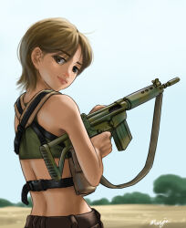 Rule 34 | 1girl, absurdres, back, bare shoulders, battle rifle, blurry, blurry background, blush, brown eyes, brown hair, brown pants, buckle, camouflage, camouflage paint, chest harness, closed mouth, commentary, day, depth of field, english commentary, field, finger on trigger, fn fal, folding stock, freckles, from behind, gradient sky, green sports bra, gun, gun sling, hair behind ear, harness, highres, holding, holding gun, holding weapon, looking at viewer, looking back, mardjan, nose blush, original, outdoors, pants, pink lips, rifle, savannah, short hair, signature, sky, snap-fit buckle, solo, sports bra, upper body, weapon, white sky