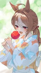 Rule 34 | ahoge, alternate costume, alternate hairstyle, animal ears, blue kimono, blurry, blurry background, blush, candy apple, commentary request, copano rickey (umamusume), fang, food, hair between eyes, highres, holding, holding food, horse ears, horse girl, horse tail, japanese clothes, kimono, leaf print, long hair, long sleeves, multicolored hair, obi, open mouth, outdoors, pink eyes, ponytail, sash, streaked hair, tail, umamusume, white hair, wide sleeves, yakousei a, yukata