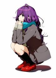 Rule 34 | 1girl, ahoge, blue scarf, coat, commentary request, full body, grey coat, kawai makoto, kneehighs, loafers, long hair, long sleeves, red footwear, scarf, shadow, shoes, simple background, socks, solo, white background