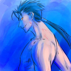 Rule 34 | 00s, 1boy, blue background, blue hair, blue theme, cu chulainn (fate), earrings, fate/stay night, fate (series), grin, jewelry, cu chulainn (fate/stay night), long hair, lowres, male focus, muscular, neck, orange eyes, ponytail, scar, topless male, smile, solo