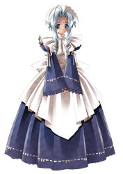 Rule 34 | 00s, 1girl, antenna hair, apron, blue dress, blue eyes, blue hair, carnelian, closed mouth, dark-skinned female, dark skin, dress, drill hair, forehead jewel, full body, headdress, highres, juliet sleeves, long hair, long sleeves, looking at viewer, maid, mariel (yamibou), parted bangs, puffy sleeves, ribbon, ribbon-trimmed sleeves, ribbon trim, simple background, sleeves past wrists, smile, solo, standing, tareme, twin drills, v arms, white apron, white background, white ribbon, wide sleeves, yami to boushi to hon no tabibito