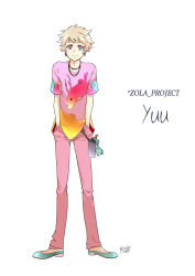 Rule 34 | 1boy, blonde hair, full body, hands in pockets, highres, image sample, male focus, mouri, multicolored eyes, multicolored shirt, pixiv sample, simple background, smile, solo, vocaloid, white background, yuu (vocaloid)