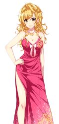 Rule 34 | 1girl, blonde hair, blush, breasts, brown eyes, cleavage, dmm, dress, drive on requesta, earrings, female focus, game cg, hand on own hip, jewelry, large breasts, legs, long hair, looking at viewer, nail polish, necklace, simple background, sleeveless, smile, solo, standing, thighs, white background