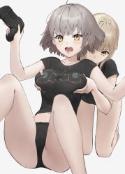 Rule 34 | 2girls, artoria pendragon (all), artoria pendragon (fate), bad id, bad pixiv id, bare legs, black panties, black shirt, blonde hair, blush, grabbing another&#039;s breast, closed mouth, commentary request, controller, eyes visible through hair, fate/grand order, fate (series), grabbing, grabbing from behind, grey background, hands up, highres, holding, holding controller, jeanne d&#039;arc (fate), jeanne d&#039;arc alter (avenger) (fate), jeanne d&#039;arc alter (fate), kneeling, midriff, multiple girls, navel, new970, no pants, panties, playstation controller, print shirt, saber alter, shirt, short hair, short sleeves, silver hair, simple background, sitting, spread legs, t-shirt, underwear, yellow eyes, yuri