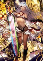 Rule 34 | 1girl, altera (fate), blunt bangs, body markings, breasts, contrapposto, dark-skinned female, dark skin, fate/extella, fate/extra, fate (series), fingernails, hand on hilt, headdress, highres, light particles, long hair, looking at viewer, medium breasts, midriff, multicolored background, navel, photon ray (fate), red eyes, sharp fingernails, showgirl skirt, small breasts, solo, sparkle, standing, sword, tagme, tsukimoto aoi, weapon, white hair