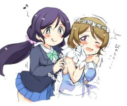 Rule 34 | 10s, 2girls, blush, breasts, brown hair, female focus, flower, flustered, gloves, grabbing, grabbing from behind, hair flower, hair ornament, koizumi hanayo, large breasts, long hair, love live!, love live! school idol project, low twintails, multiple girls, one eye closed, open mouth, otonokizaka school uniform, purple eyes, purple hair, school uniform, scrunchie, short hair, simple background, smile, sweat, tongue, tongue out, tojo nozomi, twintails, wasabu (ban ban ji), white gloves, yuri