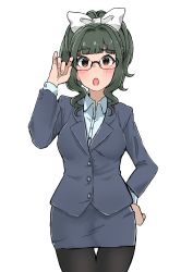 Rule 34 | 1girl, :p, absurdres, bespectacled, black pantyhose, blazer, blouse, blunt bangs, blush, bow, buttoned cuffs, buttons, collared shirt, cowboy shot, formal, fujii tomo, glasses, green hair, hair bow, hand on own hip, highres, idolmaster, idolmaster cinderella girls, jacket, looking at viewer, open mouth, pantyhose, pencil skirt, shirt, simple background, skirt, solo, teacher, tongue, tongue out, wasabijoyu76, wavy hair, white background, white shirt