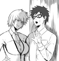 Rule 34 | 10s, 1boy, 1girl, against wall, aged down, assertive female, bakugou masaru, bakugou mitsuki, blush, boku no hero academia, breasts, collared shirt, commentary request, flirting, glasses, greyscale, hand on own hip, hetero, large breasts, monochrome, nervous, open mouth, r-wade, seductive smile, shirt, short hair, sketch, smile, spiked hair, sweatdrop