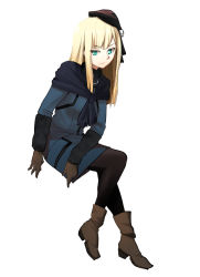 Rule 34 | 1girl, aqua eyes, benbe, black hat, black pantyhose, blonde hair, blue coat, boots, brown footwear, brown gloves, closed mouth, coat, coat dress, fate (series), gloves, hair between eyes, hat, invisible chair, long hair, looking at viewer, lord el-melloi ii case files, pantyhose, reines el-melloi archisorte, simple background, sitting, smile, solo, straight hair, white background