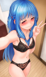 Rule 34 | 1girl, bare arms, bare shoulders, between breasts, black bra, black panties, blue hair, blurry, blurry background, blush, bra, breasts, cleavage, closed mouth, cowboy shot, drawer, furrowed brow, hair between breasts, hair tie, hand up, highres, indoors, kotonoha aoi, kurione (zassou), legs together, long hair, navel, one side up, panties, pink eyes, small breasts, smile, solo, sweat, thighs, underwear, v, voiceroid, wavy mouth, wooden floor