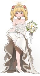 Rule 34 | 1girl, absurdres, ahoge, alternate costume, bare shoulders, blonde hair, blue archive, blush, bouquet, breasts, bride, brown eyes, cleavage, closed mouth, clothes lift, collarbone, commentary request, detached sleeves, dress, dress lift, flower, full body, gloves, hair flower, hair ornament, halo, heel up, high heels, highres, holding, holding bouquet, medium hair, momocadraw, red flower, red rose, rose, see-through, see-through sleeves, simple background, small breasts, smile, solo, tiara, twintails, wedding dress, white background, white dress, white flower, white footwear, white gloves, white rose, yoshimi (blue archive)