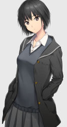 Rule 34 | 1girl, amagami, black hair, black jacket, blazer, blue sweater vest, brown eyes, closed mouth, cowboy shot, dress shirt, expressionless, grey background, grey skirt, hands in pockets, highres, jacket, looking at viewer, nanasaki ai, open clothes, open jacket, pleated skirt, school uniform, serizawa (serizawaroom), shirt, short hair, simple background, skirt, solo, striped, sweater vest, white shirt