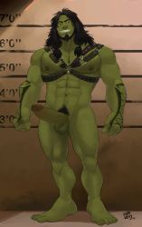 Rule 34 | 1boy, abs, bara, body hair, colored skin, erection, full body, green skin, highres, kupo klein, leather, long hair, male focus, muscular, nipples, nude, orc, pectorals, penis, piercing, presenting, smile, solo, tattoo, teeth, testicles