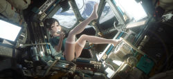 Rule 34 | 1girl, black hair, brown eyes, buruma, camera, earth (planet), feet, floating, food, hair ornament, hairclip, highres, ibara dance, jewelry, keyboard, monitor, mouth hold, necklace, original, planet, pocky, short hair, short ponytail, solo, space, space station, thighhighs, white thighhighs, zero gravity