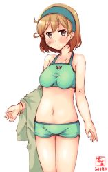 Rule 34 | 1girl, alternate costume, artist logo, bandaid, bandaid on face, bikini, bracelet, breasts, brown eyes, brown hair, commentary request, cowboy shot, crab, dated, green bikini, green hairband, green shorts, hairband, halterneck, halterneck, highres, jewelry, kanon (kurogane knights), kantai collection, oboro (kancolle), short hair, short shorts, shorts, simple background, small breasts, solo, standing, swimsuit, white background