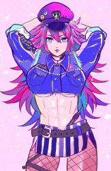 Rule 34 | 1girl, abs, arms behind head, belt, blue shirt, breast pocket, breasts, choker, final fight, fishnet pantyhose, fishnets, hair between eyes, hat, highres, large breasts, long hair, long sleeves, looking at viewer, midriff, motozaki mio, pantyhose, parted lips, pink background, pocket, poison (final fight), purple hair, purple hat, shirt, solo, underboob, very long hair