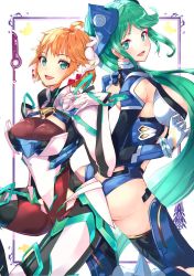 Rule 34 | 2girls, :d, ass, back-to-back, blonde hair, breasts, cosplay, costume switch, cowboy shot, fiora (xenoblade), gloves, green eyes, green hair, halloween, highres, large breasts, leotard, long hair, looking at viewer, mecha-fiora, mecha-fiora (speed cowling), medium breasts, monado, multiple girls, open mouth, pneuma (xenoblade), ponytail, risumi (taka-fallcherryblossom), smile, spoilers, swept bangs, sword, thighhighs, very long hair, weapon, xenoblade chronicles (series), xenoblade chronicles 1, xenoblade chronicles 2