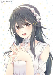 Rule 34 | 1girl, alternate costume, blush, breasts, brown eyes, brown hair, casual, dotted background, dress, fingers together, hair between eyes, hair ornament, hairband, hairclip, haruna (kancolle), head tilt, kantai collection, large breasts, long hair, looking at viewer, mimamui, nail polish, open mouth, pink nails, sidelocks, smile, solo, swept bangs, twitter username, upper body, white dress