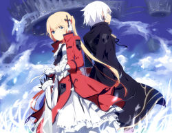 Rule 34 | 2girls, back-to-back, blonde hair, blue eyes, blue sky, cloud, coat, cross, dress, earrings, floating city, gloves, grass, grin, hands in pockets, jewelry, layered dress, long hair, long sleeves, looking at viewer, multiple girls, necktie, ogipote, original, red dress, sky, smile, sword, twintails, very long hair, weapon, white dress, white gloves