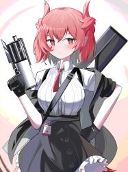 Rule 34 | 1girl, absurdres, arknights, black gloves, black jacket, black skirt, blush, breasts, closed mouth, collared shirt, eyebrows hidden by hair, fiammetta (arknights), frilled skirt, frills, gloves, gun, hair between eyes, hand up, highres, holding, holding gun, holding weapon, jacket, medium breasts, open clothes, open jacket, puffy short sleeves, puffy sleeves, red eyes, red hair, shirt, short sleeves, skirt, solo, spam (spamham4506), weapon, white shirt