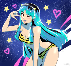 Rule 34 | 1girl, absurdres, animal print, bare legs, bare shoulders, bikini, blue hair, breasts, collarbone, cone horns, eyeshadow, fang, gegegekman, hand gesture, hand out of frame, heart, highres, horns, leaning forward, long hair, looking at viewer, lum, makeup, medium breasts, one eye closed, open mouth, oshi no ko, pointy ears, print bikini, solo, star (symbol), stomach, swimsuit, tiger stripes, urusei yatsura, yellow eyes
