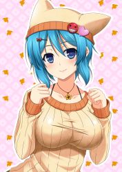 Rule 34 | 1girl, absurdres, animal hat, blue eyes, blue hair, blush, borrowed character, breasts, cat hat, hair ornament, hairclip, hat, heart, highres, jewelry, large breasts, looking at viewer, matching hair/eyes, militia minpei, necklace, original, ribbed sweater, short hair, smile, solo, star (symbol), star necklace, sweater, upper body