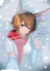 Rule 34 | 1girl, absurdres, amiya (arknights), animal ears, arknights, arm up, blue eyes, blue sweater, blush, brown hair, christmas lights, condensation, eugle na, glass writing, happy birthday, heart, highres, index finger raised, looking at viewer, off shoulder, rabbit ears, red scarf, scarf, shirt, short hair, sketch, solo, sweater, twitter username, upper body, white shirt, window, window fog