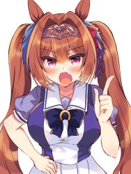 Rule 34 | 1girl, :o, animal ears, blouse, blue bow, blue shirt, blush, bow, breasts, brown hair, daiwa scarlet (umamusume), fang, hair between eyes, hair intakes, hand on own hip, hand up, highres, horse ears, index finger raised, large breasts, long hair, looking at viewer, open mouth, pleated skirt, puffy short sleeves, puffy sleeves, purple shirt, red eyes, school uniform, shirt, short sleeves, simple background, skirt, solo, suzunone rena, tiara, tracen school uniform, twintails, umamusume, v-shaped eyebrows, very long hair, white background, white skirt