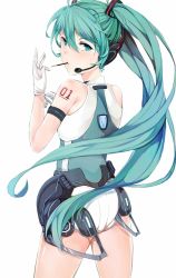 Rule 34 | 1girl, aqua eyes, aqua hair, ass, food, from behind, gloves, hatsune miku, headphones, highres, lanzero, long hair, looking at viewer, microphone, pocky, solo, sportswear, twintails, vocaloid, white gloves