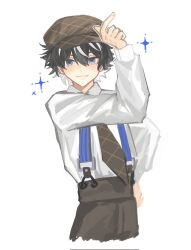 Rule 34 | 1boy, arm up, black hair, blue eyes, brown hat, brown necktie, brown pants, cabbie hat, charlemagne (fate), closed mouth, collared shirt, cowboy shot, dianci sanweixian, fate/grand order, fate (series), hat, highres, long sleeves, looking at viewer, male focus, multicolored hair, necktie, official alternate costume, pants, shirt, shirt tucked in, short hair, simple background, smile, solo, streaked hair, suspenders, two-tone hair, white background, white hair, white shirt