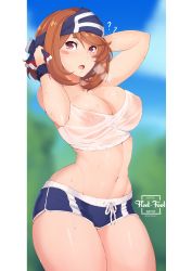Rule 34 | 1girl, ?, absurdres, belly, blush, boku no hero academia, breasts, brown eyes, brown hair, cleavage, fleet-foot, heavy breathing, highres, large breasts, looking at viewer, midriff, navel, nipples, open mouth, outdoors, see-through, short hair, short shorts, shorts, solo, stomach, sweat, thick thighs, thighs, uraraka ochako