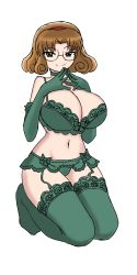Rule 34 | absurdres, alternate breast size, breasts, brown hair, choker, come hither, copyright request, curly hair, deculture, glasses, green eyes, hairband, highres, hououji fuu, huge breasts, lingerie, magic knight rayearth, navel, second-party source, seiza, short hair, simple background, sitting, smile, steepled fingers, underwear, white background
