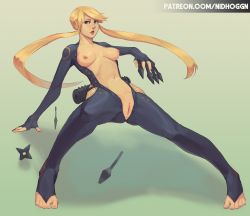 Rule 34 | 1girl, absurdres, blonde hair, breasts, breasts out, feet, highres, kasuga, kunai, long sideburns, nidhoggn, open clothes, pussy, sengoku basara, sideburns, solo, tagme, toeless legwear, toes, uncensored, weapon