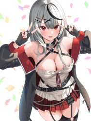 Rule 34 | 1girl, absurdres, bare shoulders, belt, black collar, black hair, blush, breasts, camisole, cleavage, collar, confetti, double v, fingerless gloves, frilled camisole, frills, garter straps, gloves, grey hair, hair between eyes, hair ornament, hairclip, heart belt, heart collar, heart pendant, highres, hololive, kuchitani, large breasts, long hair, looking at viewer, multicolored hair, o-ring, o-ring legwear, off-shoulder jacket, off shoulder, plaid, plaid skirt, pleated skirt, red eyes, red nails, sakamata chloe, sakamata chloe (1st costume), skirt, solo, streaked hair, thighhighs, two-tone hair, v, virtual youtuber, white background, white camisole