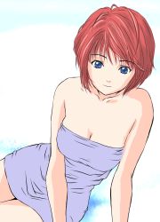 Rule 34 | 1girl, animated, animated gif, bare shoulders, blue eyes, blush, bouncing breasts, breasts, bucho, cleavage, dress, embarrassed, large breasts, nipples, red hair, short dress, smile, solo, strapless, strapless dress, tube dress, wardrobe malfunction