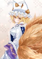 Rule 34 | 1girl, animal ears, blonde hair, blush, breasts, closed mouth, dress, fox ears, fox tail, hair between eyes, hat, highres, large breasts, long sleeves, looking at viewer, mob cap, multiple tails, sarasadou dan, short hair, slit pupils, solo, tail, touhou, white dress, white hat, wide sleeves, yakumo ran, yellow eyes