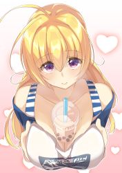 Rule 34 | 1girl, absurdres, ahoge, between breasts, blonde hair, breast hold, breasts, bubble tea, bubble tea challenge, collarbone, commentary request, cup, disposable cup, drinking straw, from above, hakoniwa-boxer, heart, heart background, highres, large breasts, lena liechtenauer, looking at viewer, off-shoulder shirt, off shoulder, pink background, purple eyes, raglan sleeves, senren banka, shirt, solo, striped clothes, striped shirt, sweat, yuzu-soft