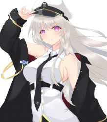 Rule 34 | 1girl, absurdres, aiguillette, azur lane, bare shoulders, between breasts, black coat, black necktie, blush, breasts, coat, collared shirt, commentary, english commentary, enterprise (azur lane), hand on headwear, hat, highres, long hair, long sleeves, medium breasts, necktie, necktie between breasts, off shoulder, open clothes, open coat, parted lips, peaked cap, purple eyes, shirt, silver hair, simple background, smile, solo, star (symbol), upper body, vayneeeee, very long hair, white background, white hat, white shirt