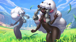 Rule 34 | 2girls, absurdres, alanscampos, breasts, cleft of venus, creatures (company), game freak, gen 8 pokemon, highres, large areolae, looking at viewer, medium breasts, multiple girls, nintendo, nipples, nude, pokemon, smile, uncensored, wide hips, wooloo