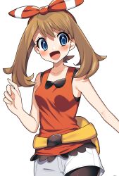 Rule 34 | 1girl, :d, bare arms, bike shorts, bike shorts under shorts, blue eyes, blush, bow hairband, brown hair, collarbone, commentary request, creatures (company), eyelashes, fanny pack, game freak, hairband, hand up, highres, may (pokemon), nintendo, open mouth, orange shirt, pokemon, pokemon oras, shirt, short shorts, shorts, simple background, sleeveless, sleeveless shirt, smile, solo, tongue, white background, white shorts, yellow bag, yuihico