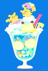 Rule 34 | :3, :d, balloon, blue background, commentary, creatures (company), cup, drinking glass, drinking straw, flying pikachu, food, food focus, fruit, game freak, gen 1 pokemon, ice, ice cube, lemon, lemon slice, lightning bolt symbol, nintendo, no humans, open mouth, pikachu, pokemon, pokemon (creature), rizu (rizunm), simple background, smile, surfboard, surfing pikachu, twitter username