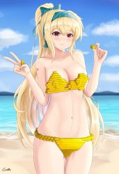 Rule 34 | 1girl, beach, bikini, blonde hair, blush, bow, breasts, cleavage, gamryous, girls&#039; frontline, hair bow, hairband, highres, holding, lego, lego brick, long hair, looking at viewer, medium breasts, ponytail, red eyes, ribbon, solo, sv-98 (girls&#039; frontline), swimsuit