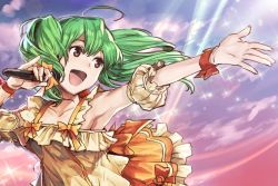 Rule 34 | 1girl, ahoge, armpits, collarbone, dress, green hair, hungry clicker, macross, macross frontier, microphone, music, open hand, open mouth, ranka lee, reaching, reaching towards viewer, red eyes, short hair, singing, solo