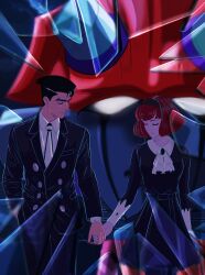 Rule 34 | 1boy, 1girl, android, big o (mecha), black dress, black hair, bob cut, closed eyes, dress, formal, gloves, hairband, highres, holding hands, looking at viewer, mecha, megadeus mommy, necktie, pale skin, r dorothy wayneright, red hair, robot, roger smith, shattered, short hair, solo, suit, the big o