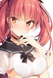 Rule 34 | 1girl, azur lane, blush, breasts, brown eyes, closed mouth, collar, hand up, honolulu (azur lane), honolulu (umbrella girl) (azur lane), large breasts, long hair, looking at viewer, red hair, school uniform, short sleeves, simple background, solo, sushimekabu, tsurime, twintails, upper body, white background
