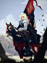 Rule 34 | 1girl, absurdres, animal, armor, black cape, blue eyes, cape, cavalry, commentary request, day, diana cavendish, flag, highres, holding, holding reins, horse, horseback riding, knight, light green hair, little witch academia, medieval, multicolored hair, outdoors, plate armor, reins, riding, saddle, sitting, sky, two-tone hair, wavy hair, xlf