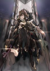 Rule 34 | 1girl, absurdres, barefoot, between toes, breasts, brown hair, candy, chocolate, chocolate heart, cleavage, crossed legs, fate/apocrypha, fate (series), feet, food, holding with feet, head tilt, heart, highres, long hair, looking at viewer, pointy ears, pov, semiramis (fate), shoes, unworn shoes, single shoe, sitting, soles, solo, throne, toes, very long hair, yellow eyes