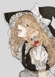 Rule 34 | 1girl, absurdres, black hat, blonde hair, bow, braid, commentary request, grey background, hair bow, hat, hat bow, highres, hiranko, kirisame marisa, long hair, looking at viewer, open mouth, puffy short sleeves, puffy sleeves, red bow, short sleeves, simple background, smile, touhou, twin braids, upper body, white bow, witch hat, yellow eyes